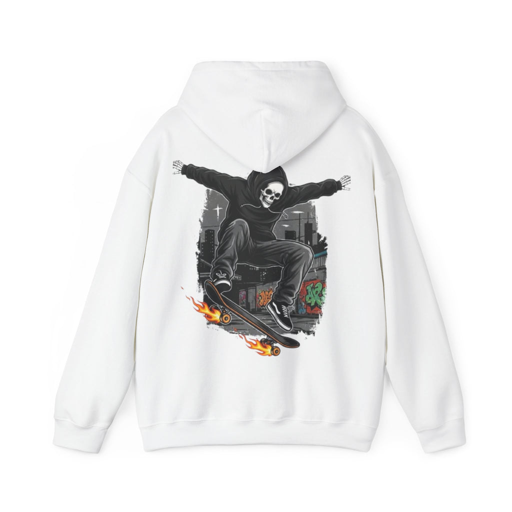 Skull Skater Hoodie — Flaming Skateboard Streetwear Pullover