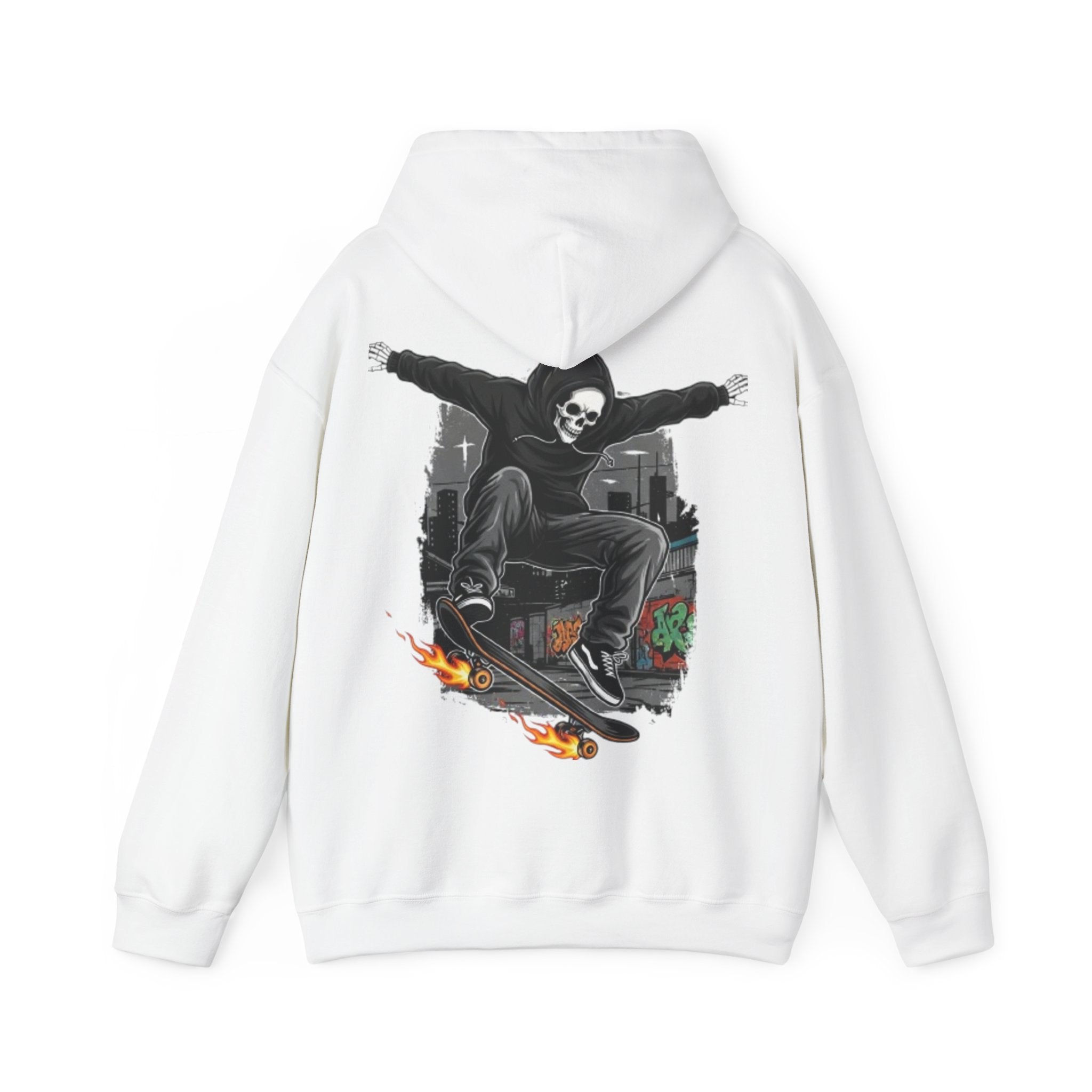 Skull Skater Hoodie — Flaming Skateboard Streetwear Pullover