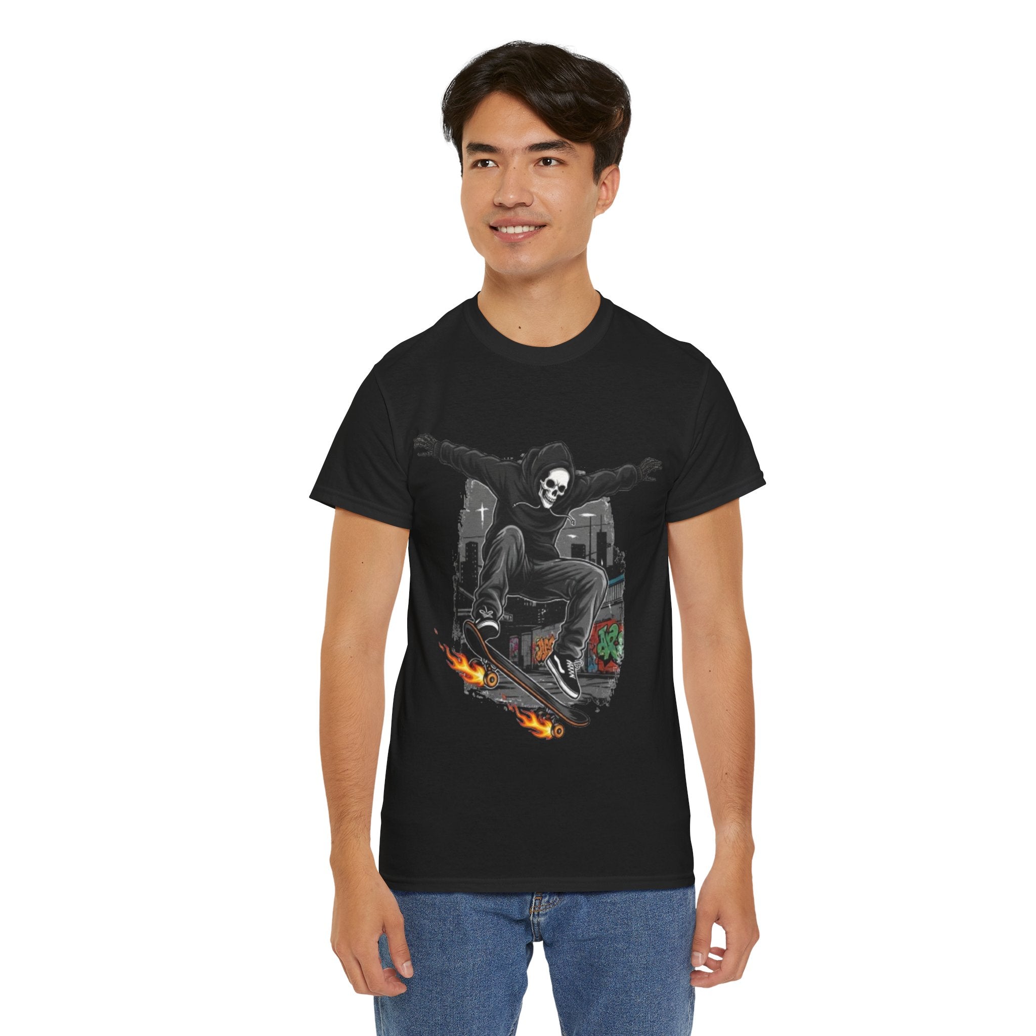 Skull Skateboarder T‑Shirt — Grim Reaper Skateboarding Graphic Tee