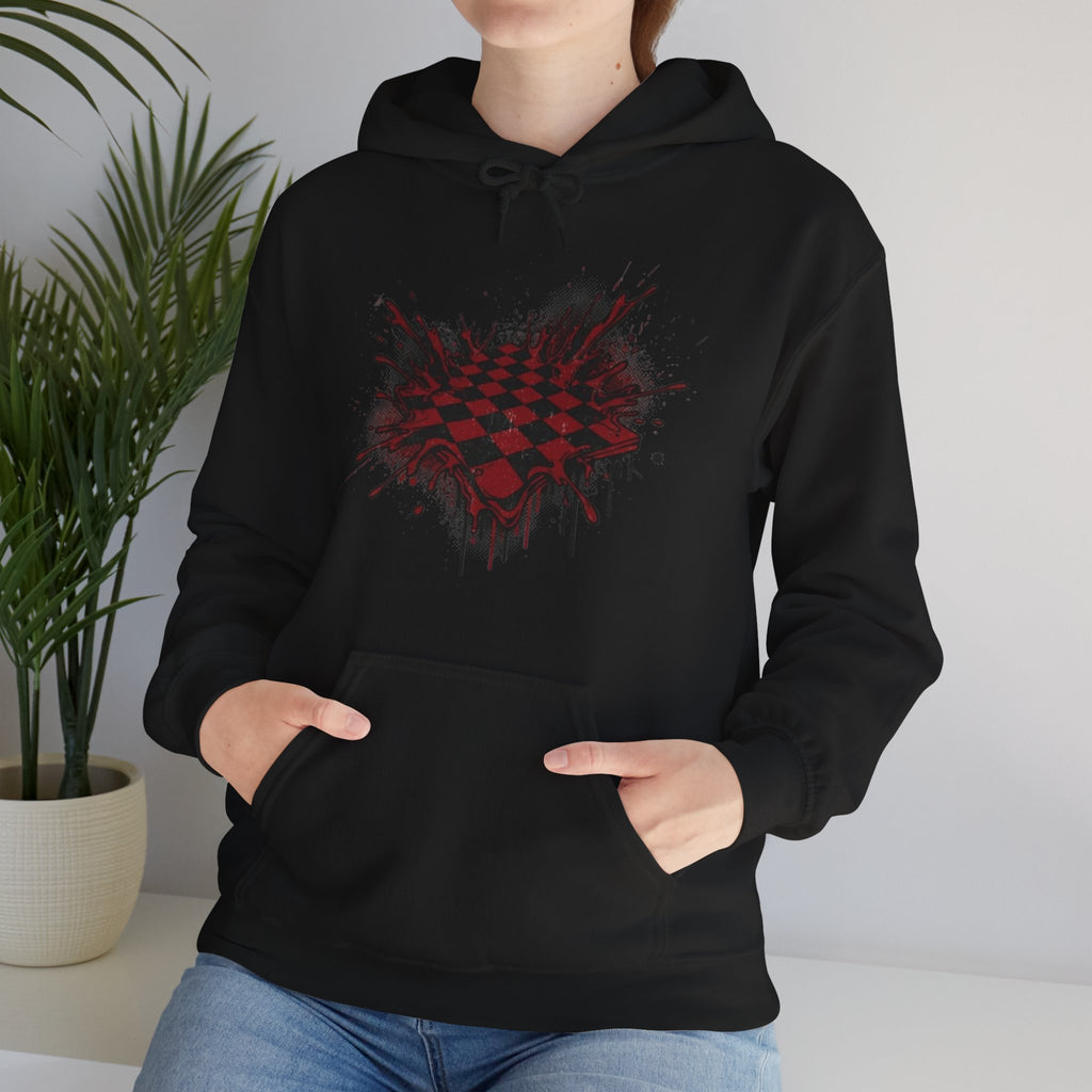 Red Grunge Checkerboard Heart Hoodie – Gothic Streetwear Pullover