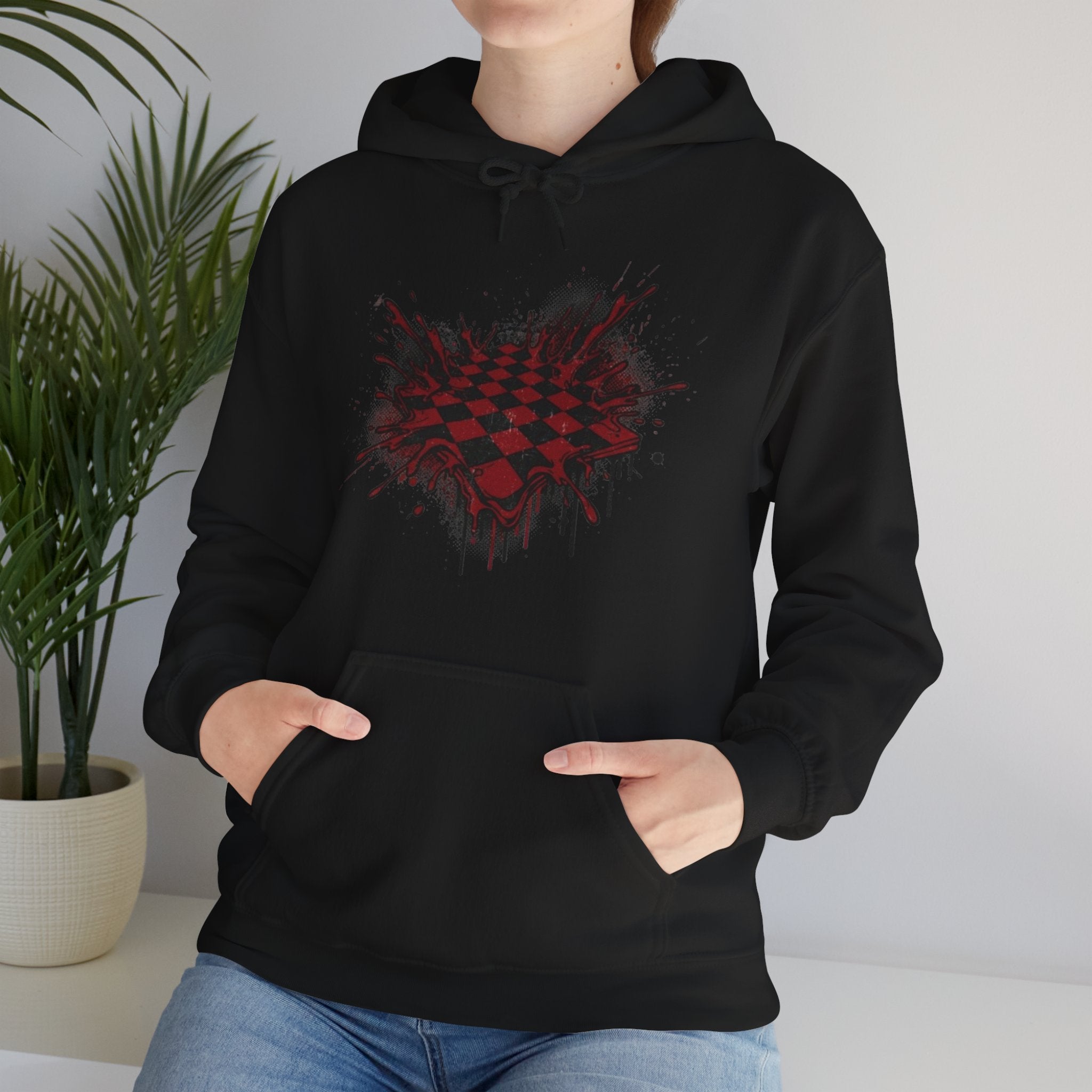 Red Grunge Checkerboard Heart Hoodie – Gothic Streetwear Pullover