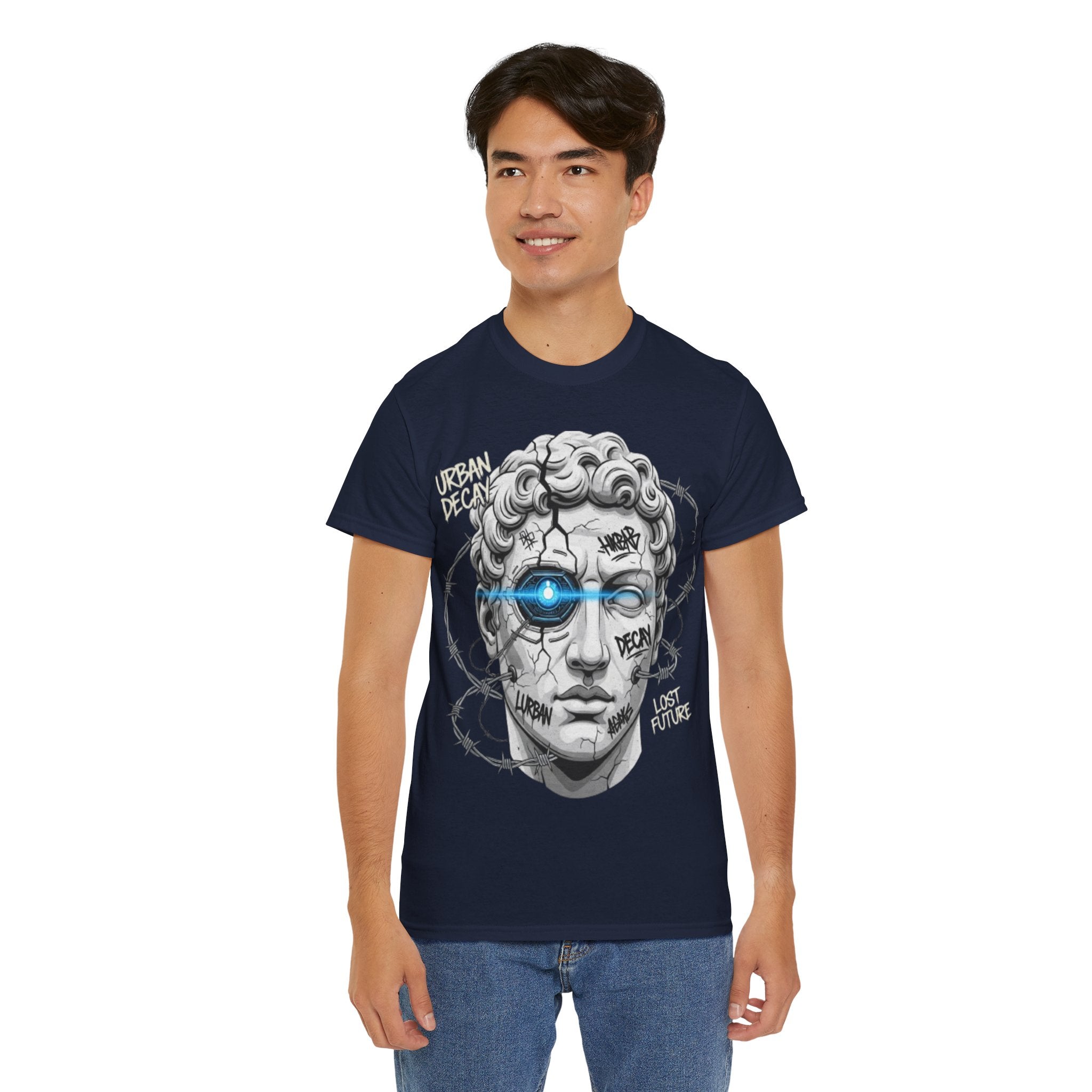 Statue Head Graphic Tee — 'Urban Decay' Cyberpunk Bust T-Shirt