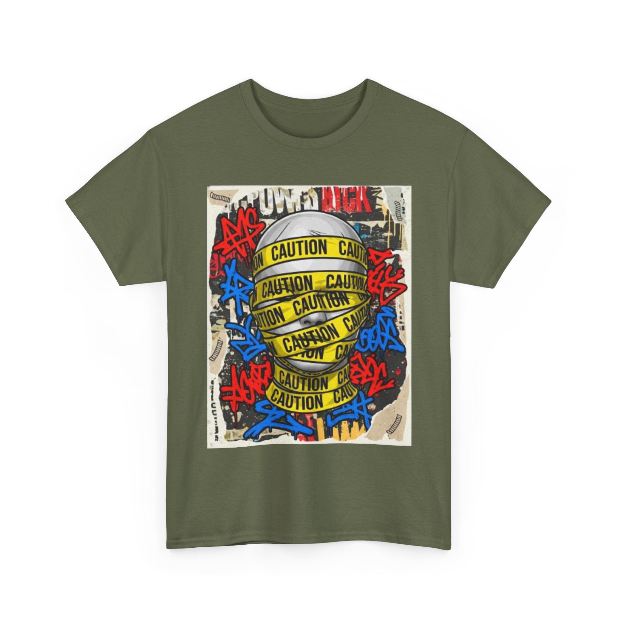 Caution Tape Street Art Tee — Urban Graffiti Graphic T-Shirt