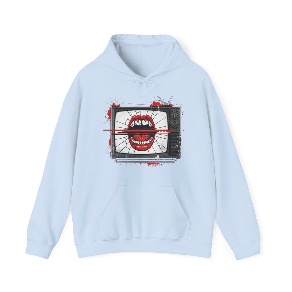TV Static Mouth Graphic Hoodie — Retro Horror Streetwear