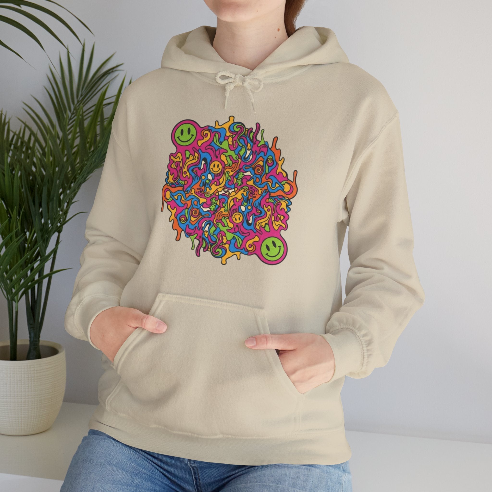 Psychedelic Smiley Hoodie — Colorful Drip Alien Art Pullover