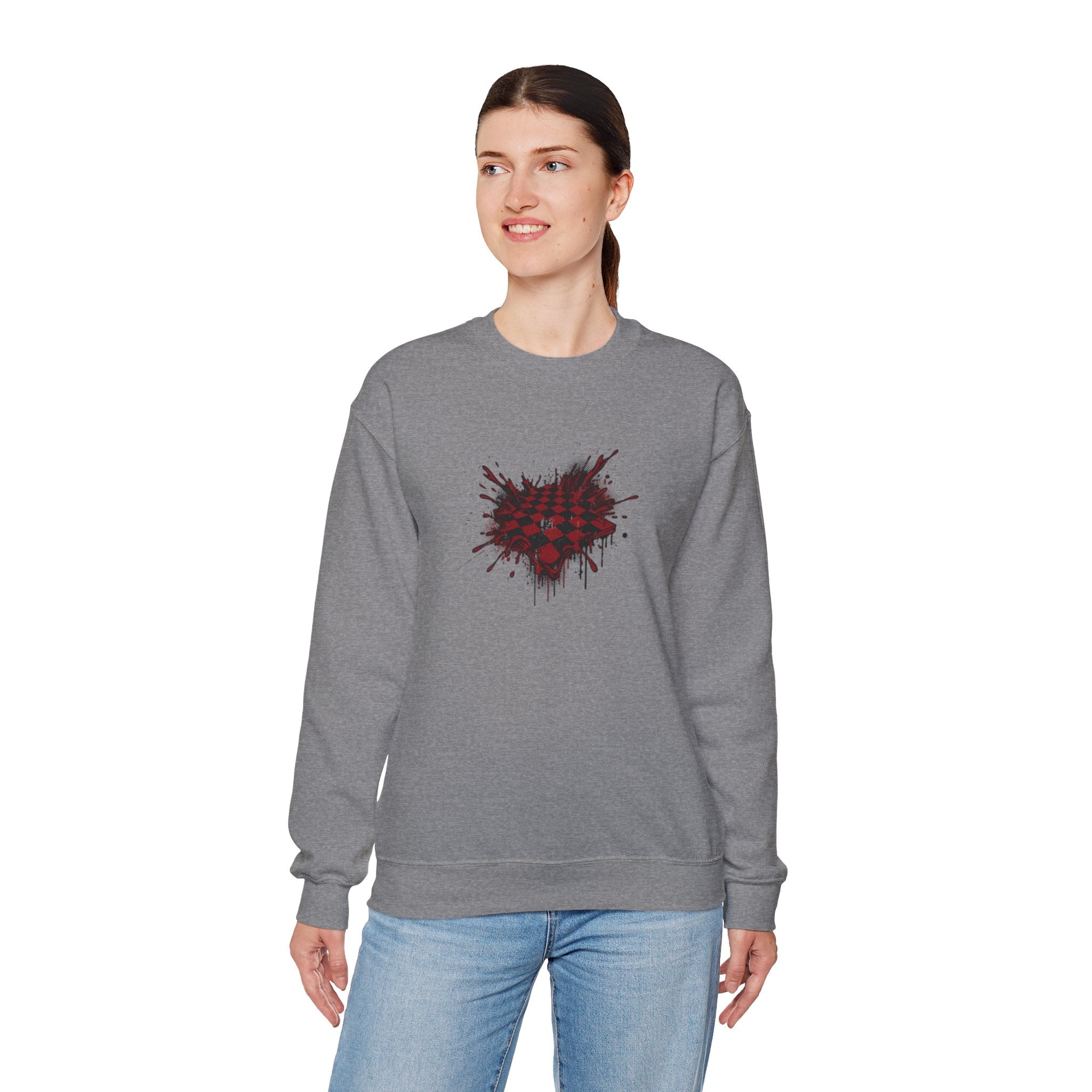 Checkerboard Heart Crewneck Sweatshirt — Red Grunge Heart Graphic