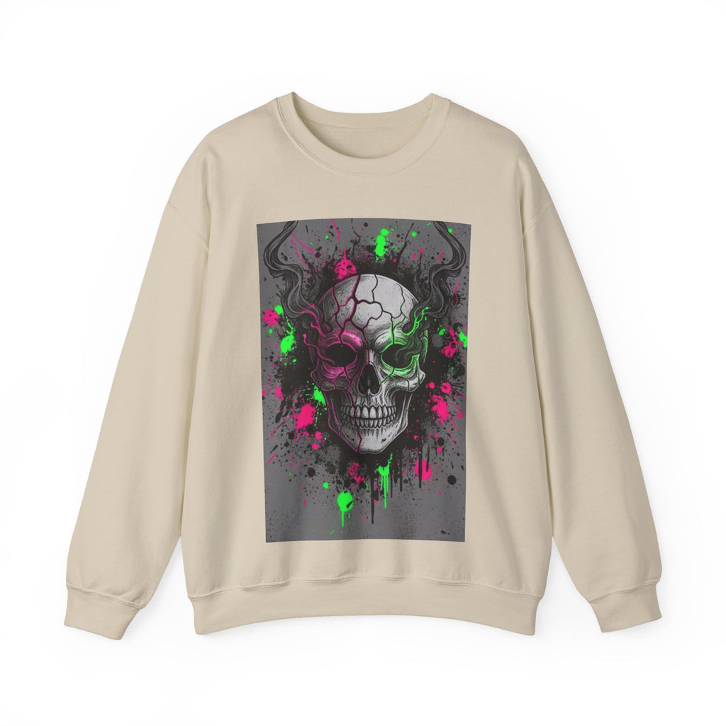 Skull Graffiti Crewneck Sweatshirt — Neon Paint Splatter Skull Graphic