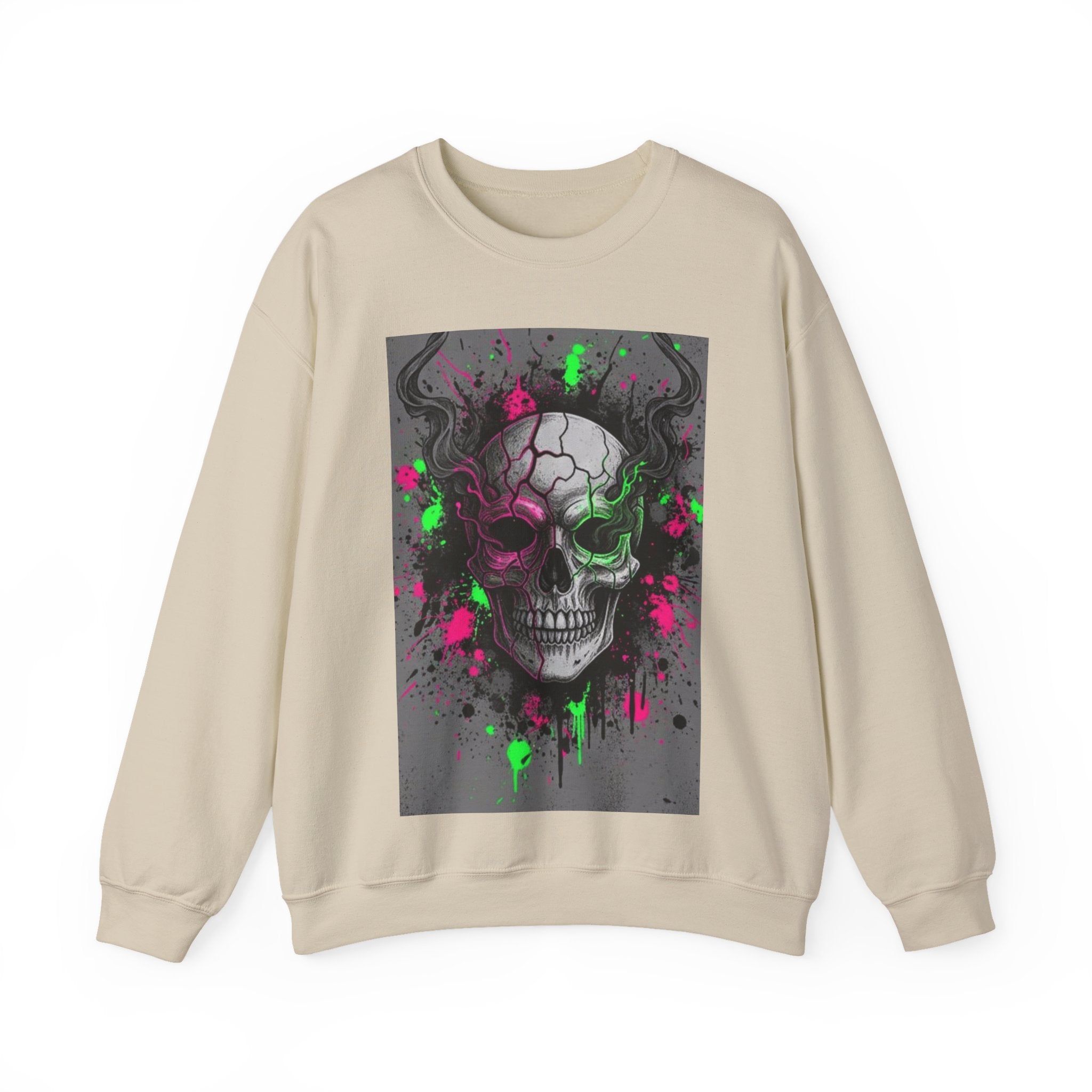 Skull Graffiti Crewneck Sweatshirt — Neon Paint Splatter Skull Graphic