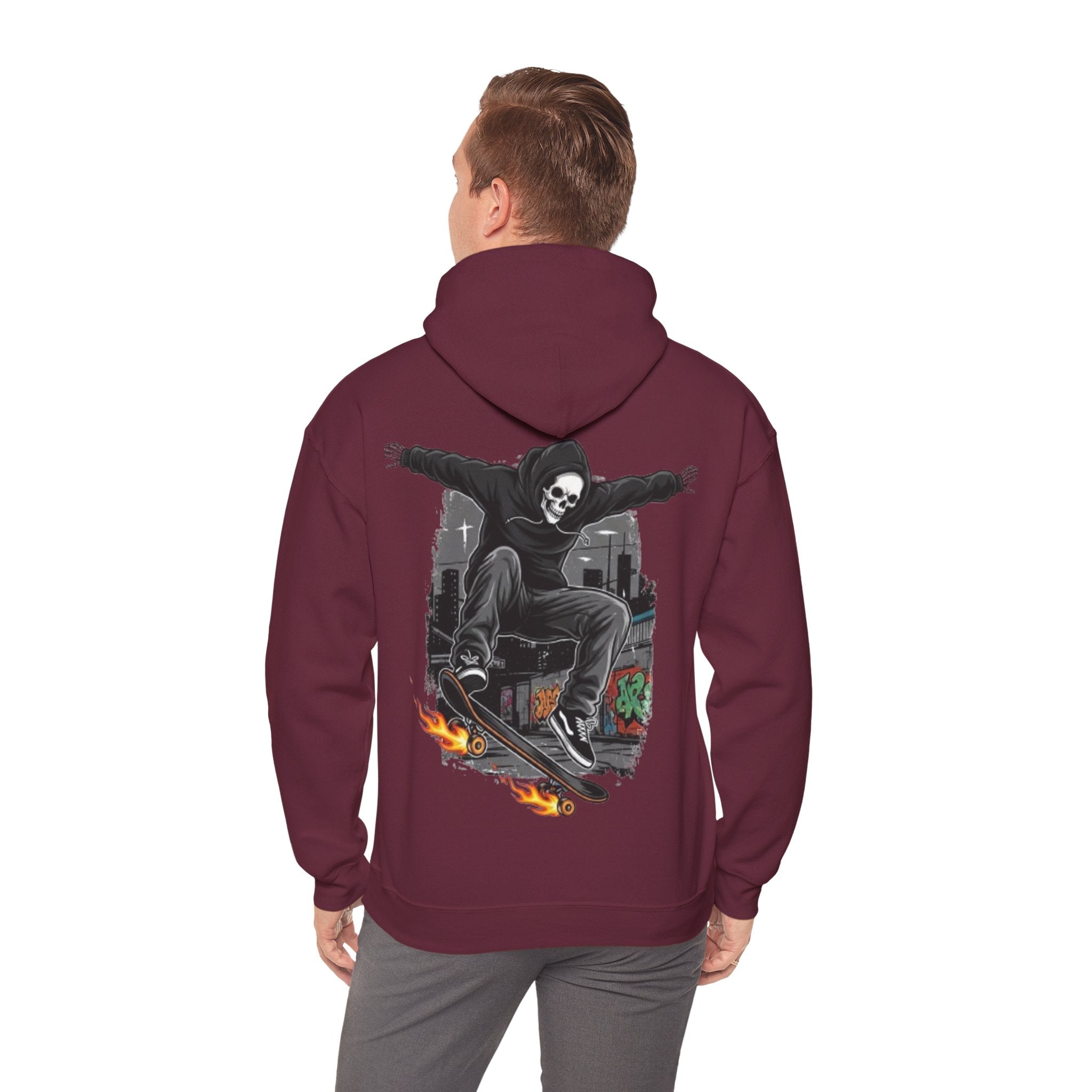 Skull Skater Hoodie — Flaming Skateboard Streetwear Pullover