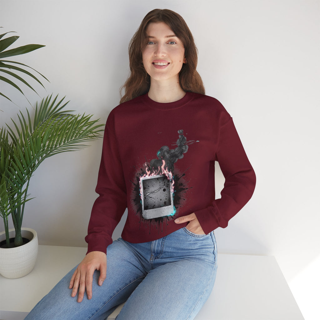 Burning Polaroid Crewneck Sweatshirt — Vintage Photo Flame Graphic