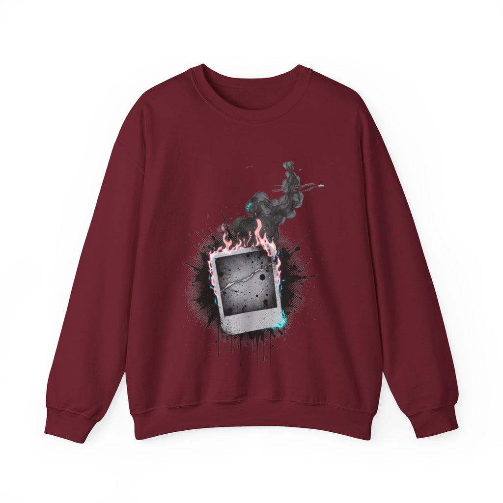 Burning Polaroid Crewneck Sweatshirt — Vintage Photo Flame Graphic