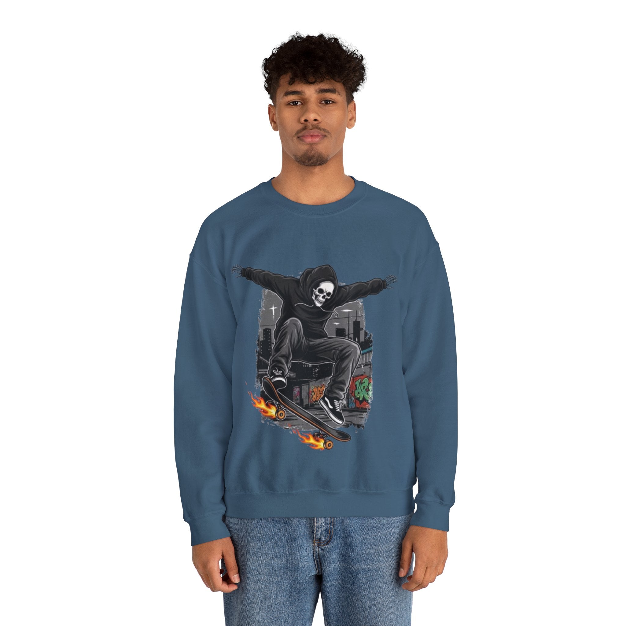 Skull Skateboarder Crewneck Sweatshirt — Flaming Skate Trick Graphic