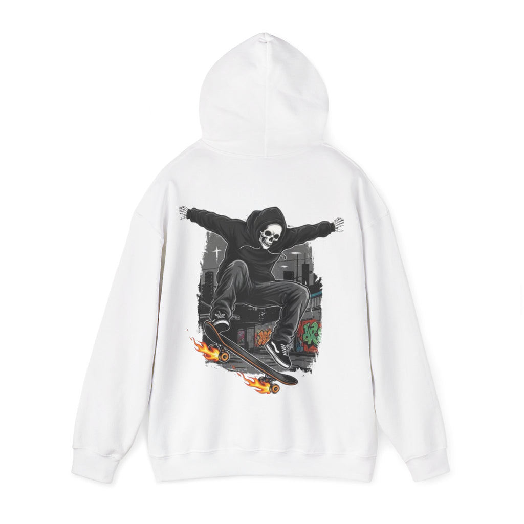 Skull Skater Hoodie — Flaming Skateboard Streetwear Pullover