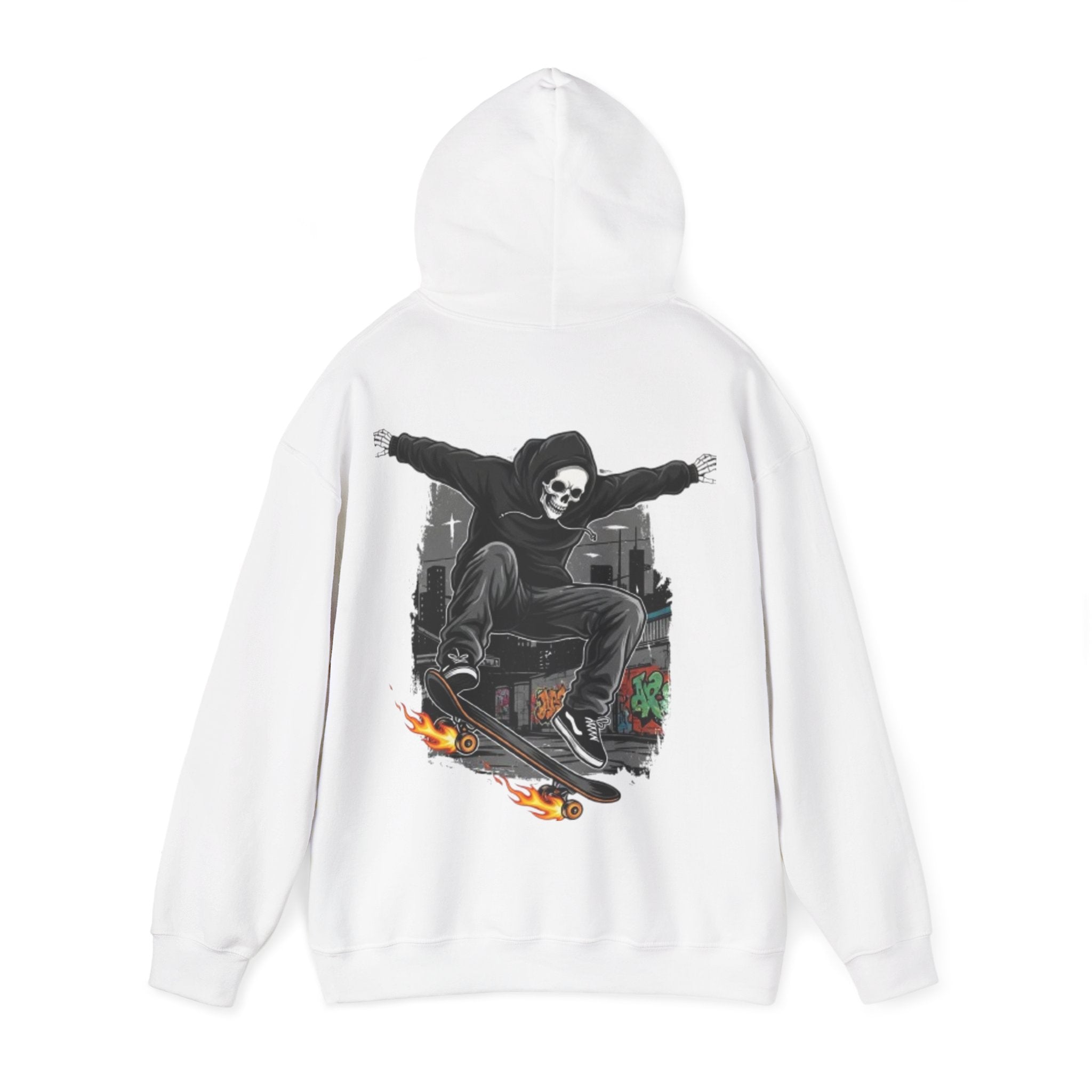 Skull Skater Hoodie — Flaming Skateboard Streetwear Pullover