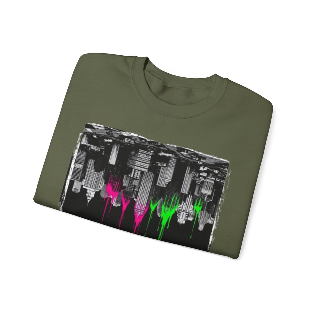 Cityscape Drip Crewneck Sweatshirt — Neon Skyline Paint Drip