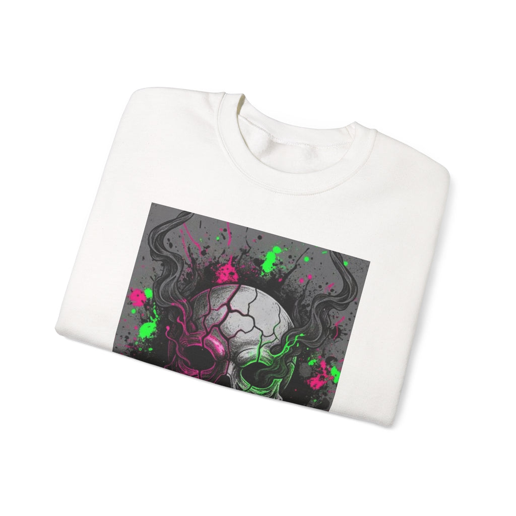Skull Graffiti Crewneck Sweatshirt — Neon Paint Splatter Skull Graphic