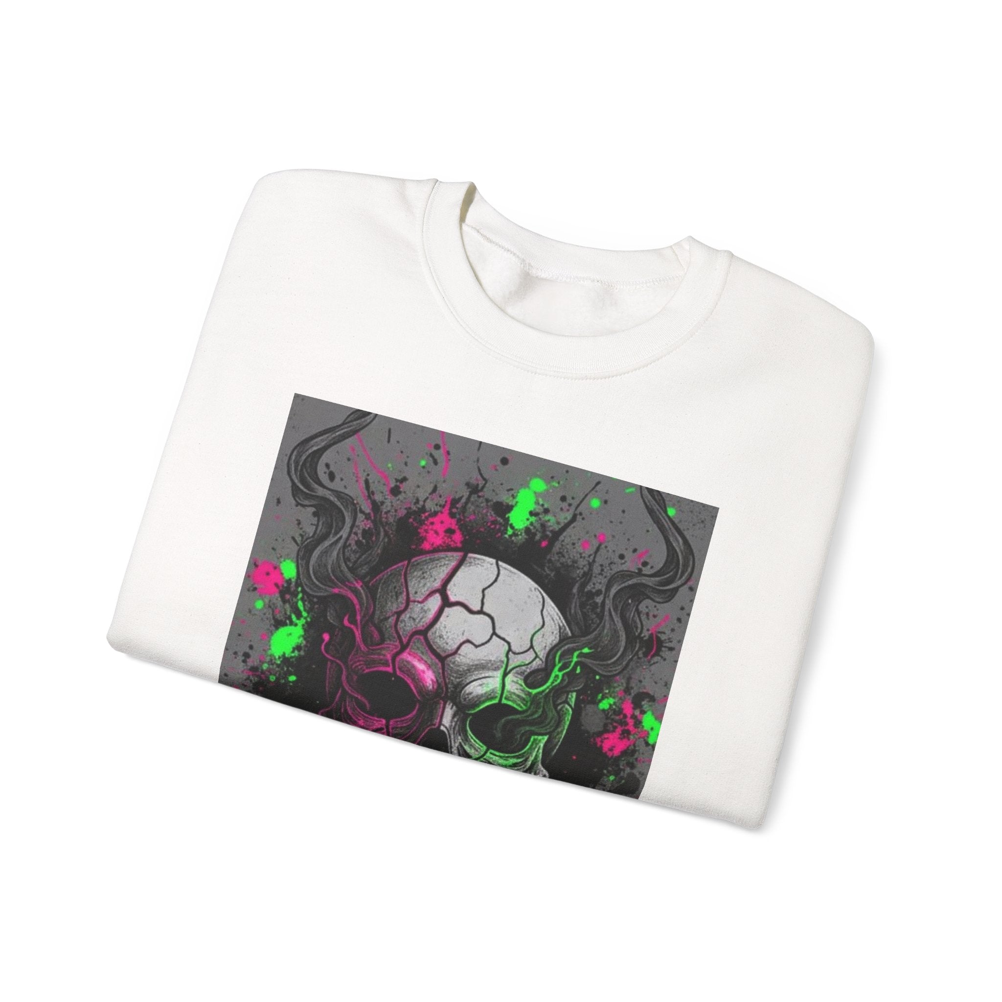 Skull Graffiti Crewneck Sweatshirt — Neon Paint Splatter Skull Graphic