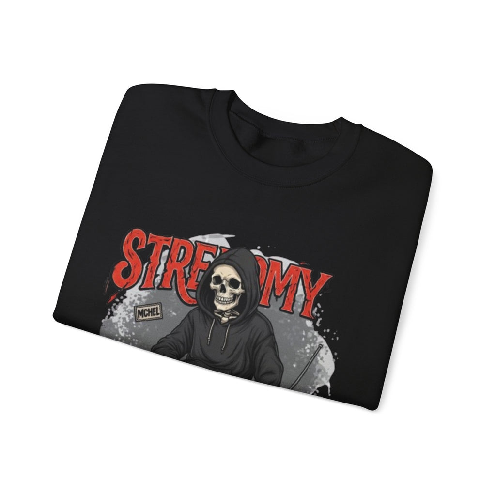 Streamy Grim Reaper Crewneck Sweatshirt — Streaming Gamer Skull Hoodie Design