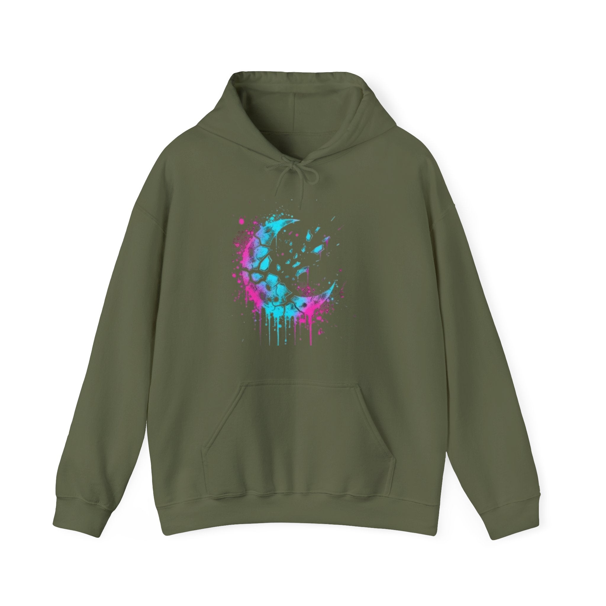 Paint-Splatter Crescent Moon Hoodie — Colorful Drip Art Sweatshirt