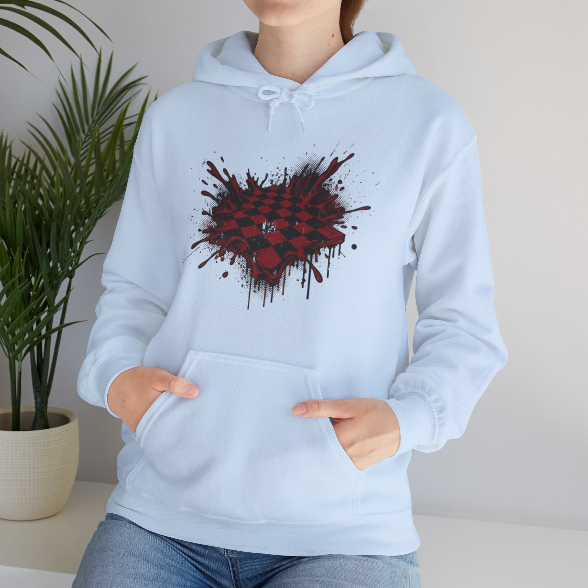 Red Grunge Checkerboard Heart Hoodie – Gothic Streetwear Pullover